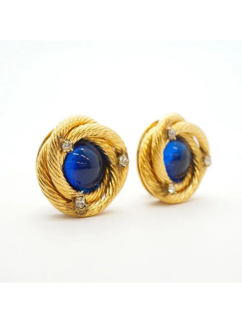 Chanel Earrings Vintage Round Circle Gold Plated Rhinestone Gripoix Blue
